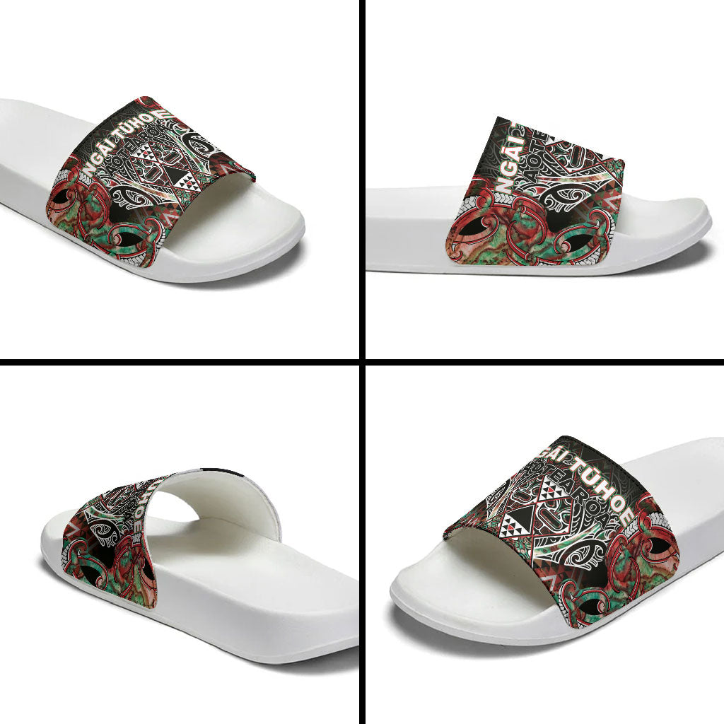 Aotearoa Ngai Tuhoe Slide Sandals Maori Tribal Red And Green Paua Shell Pattern