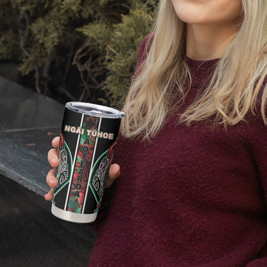 Aotearoa Ngai Tuhoe Tumbler Cup Maori Tribal Red And Green Paua Shell Pattern