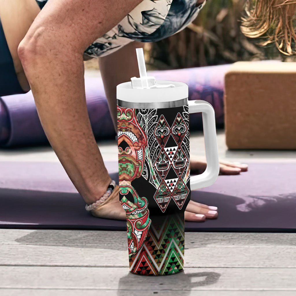 Aotearoa Ngai Tuhoe Tumbler With Handle Maori Tribal Red And Green Paua Shell Pattern