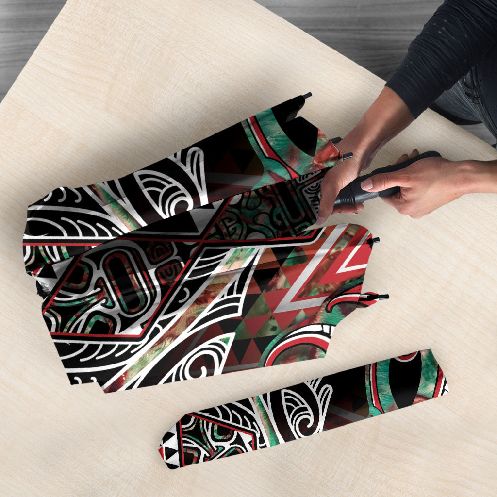 Aotearoa Ngai Tuhoe Umbrella Maori Tribal Red And Green Paua Shell Pattern