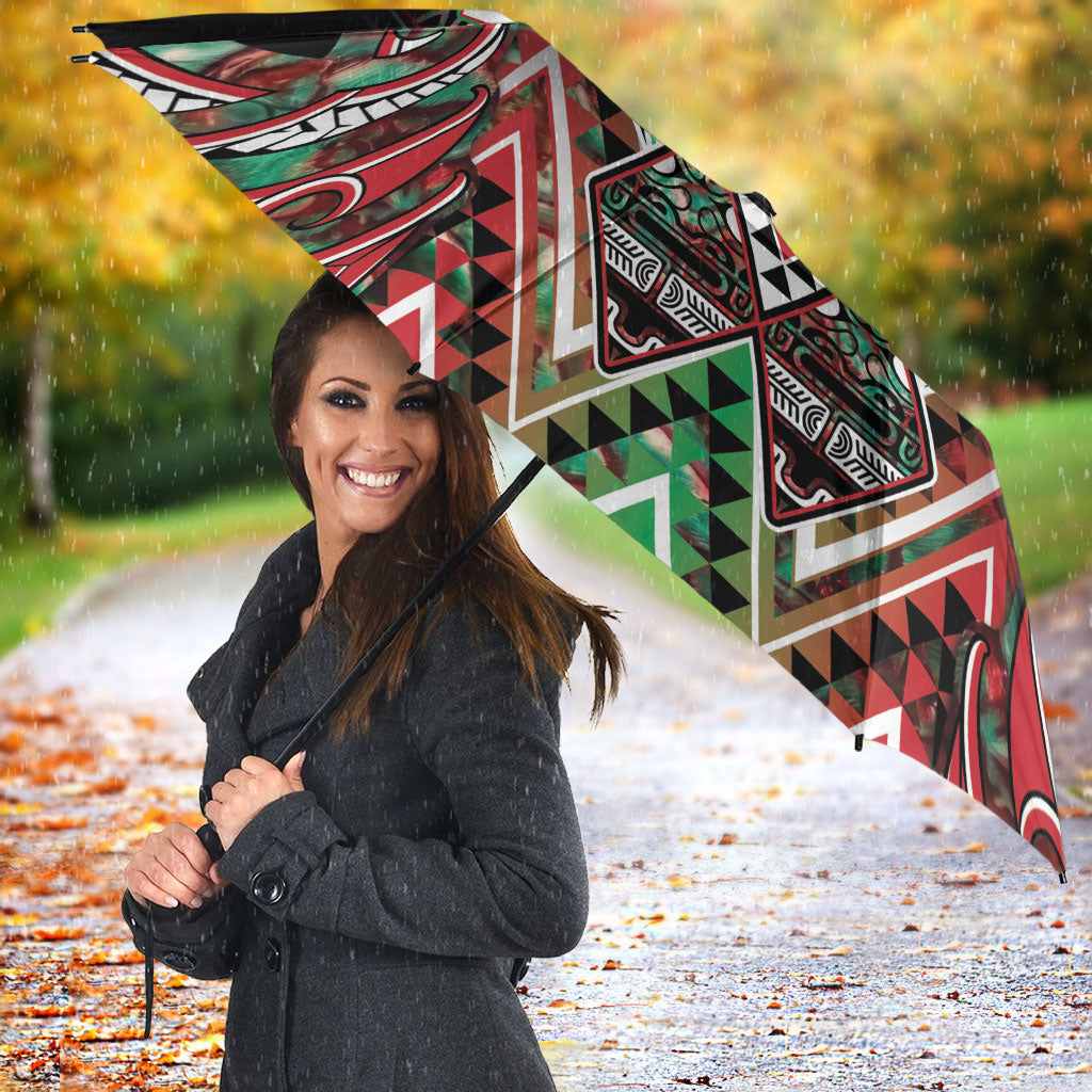 Aotearoa Ngai Tuhoe Umbrella Maori Tribal Red And Green Paua Shell Pattern