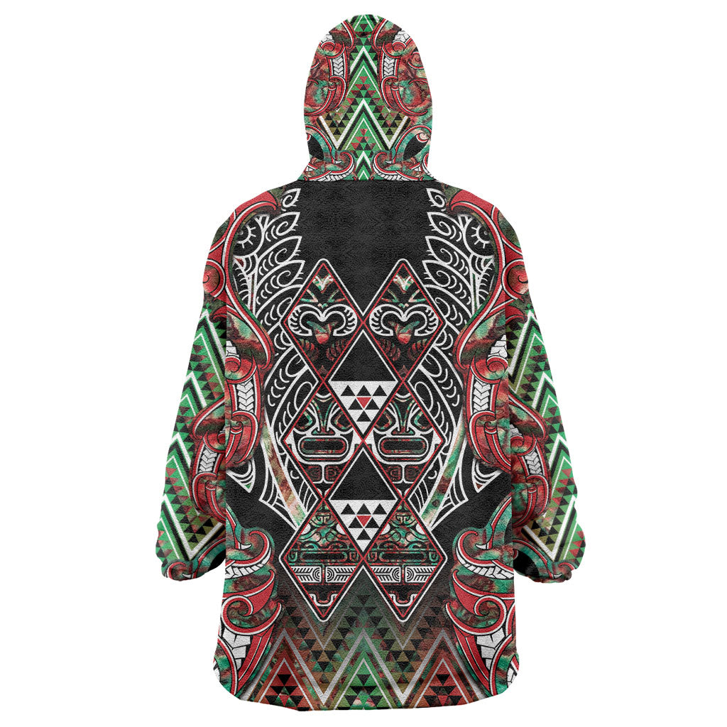Aotearoa Ngai Tuhoe Wearable Blanket Hoodie Maori Tribal Red And Green Paua Shell Pattern