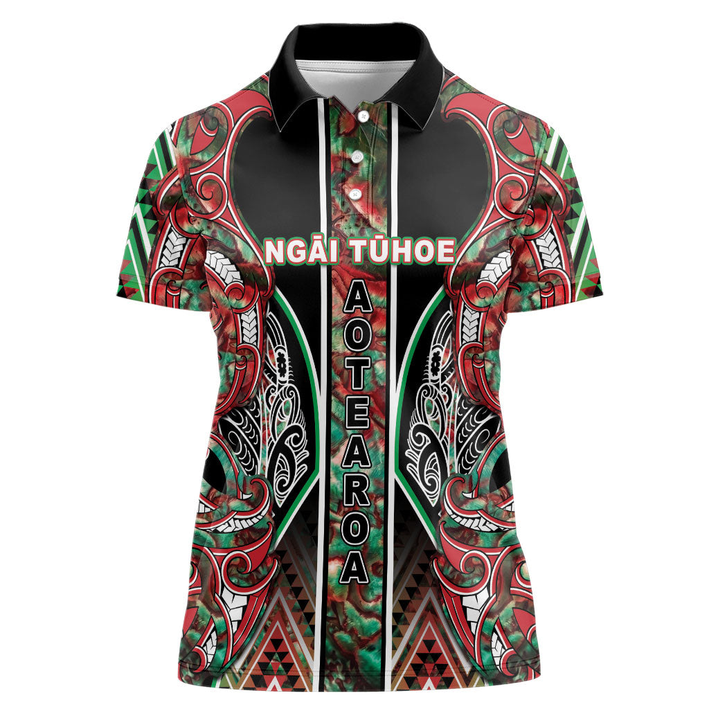 Aotearoa Ngai Tuhoe Women Polo Shirt Maori Tribal Red And Green Paua Shell Pattern
