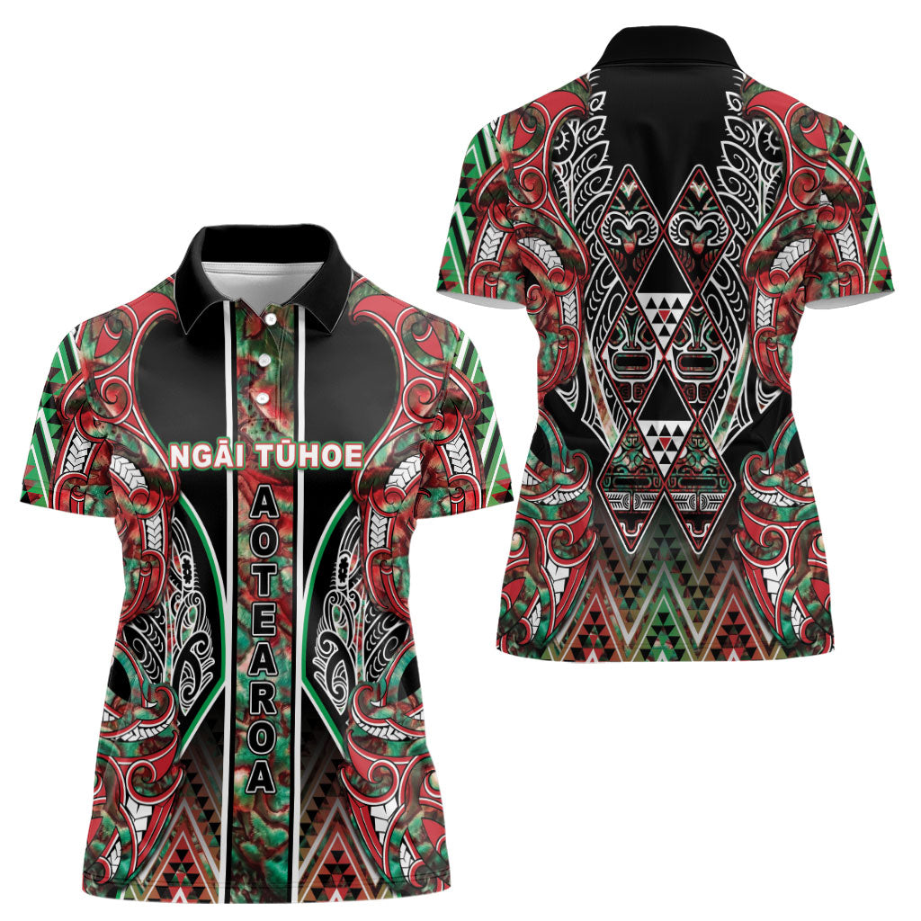 Aotearoa Ngai Tuhoe Women Polo Shirt Maori Tribal Red And Green Paua Shell Pattern