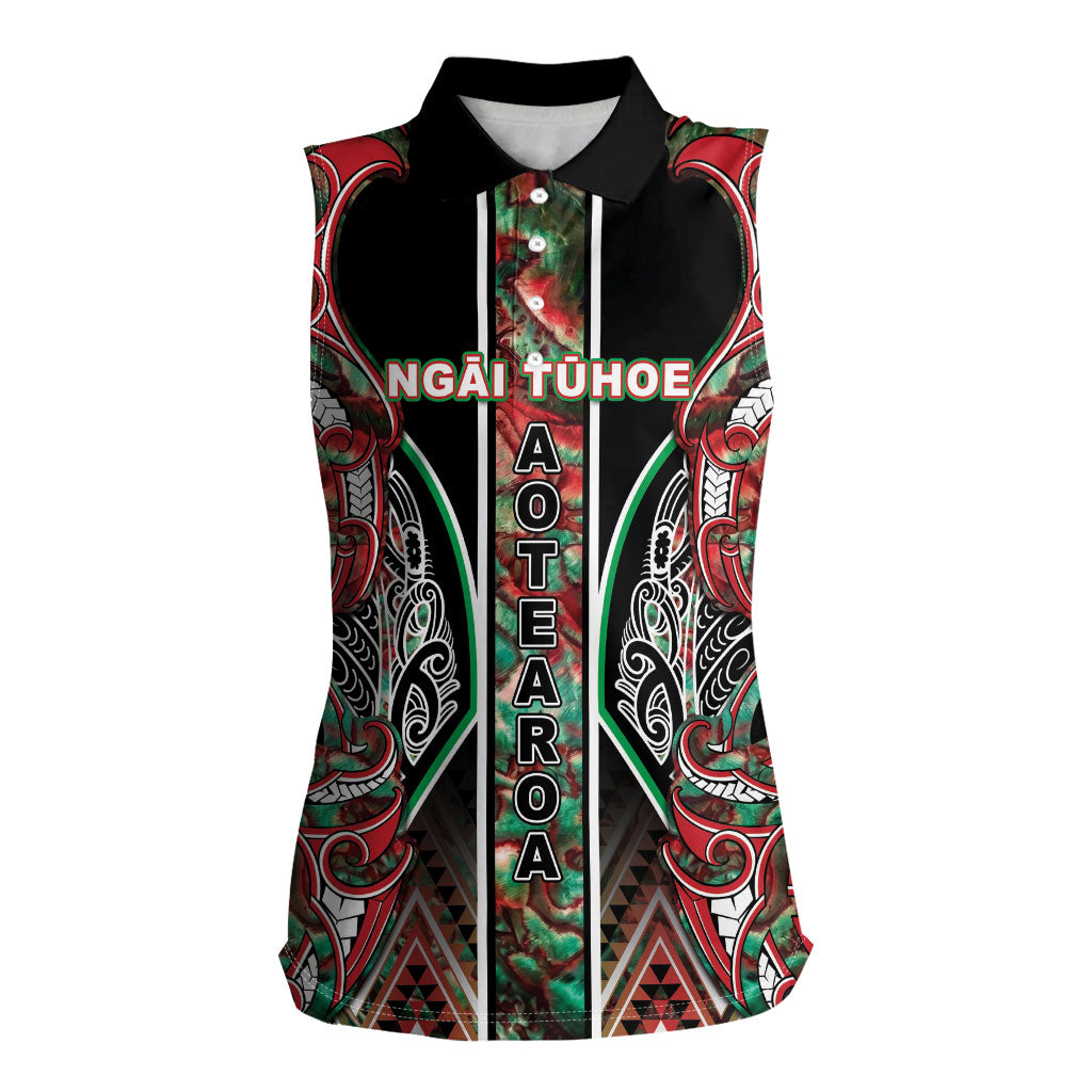 Aotearoa Ngai Tuhoe Women Sleeveless Polo Shirt Maori Tribal Red And Green Paua Shell Pattern