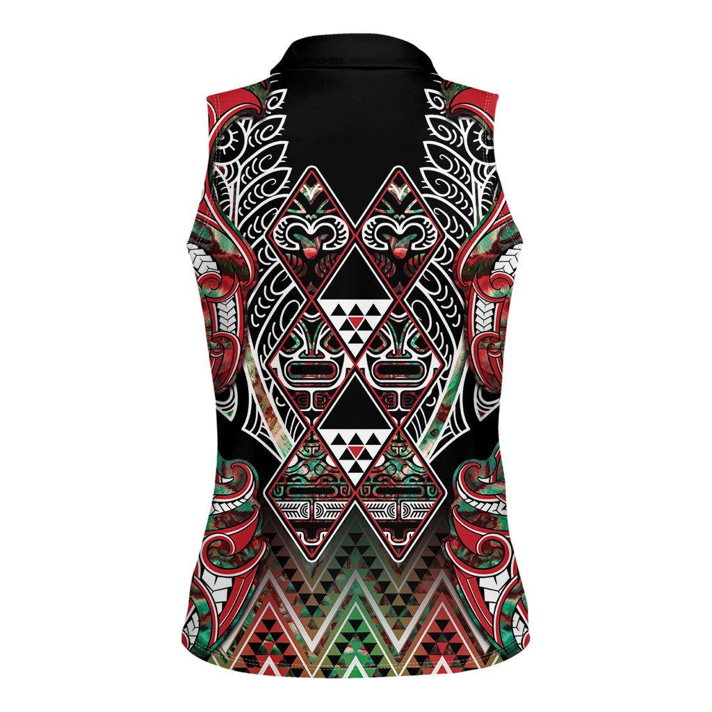 Aotearoa Ngai Tuhoe Women Sleeveless Polo Shirt Maori Tribal Red And Green Paua Shell Pattern