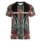 Aotearoa Ngai Tuhoe Women V-Neck T-Shirt Maori Tribal Red And Green Paua Shell Pattern