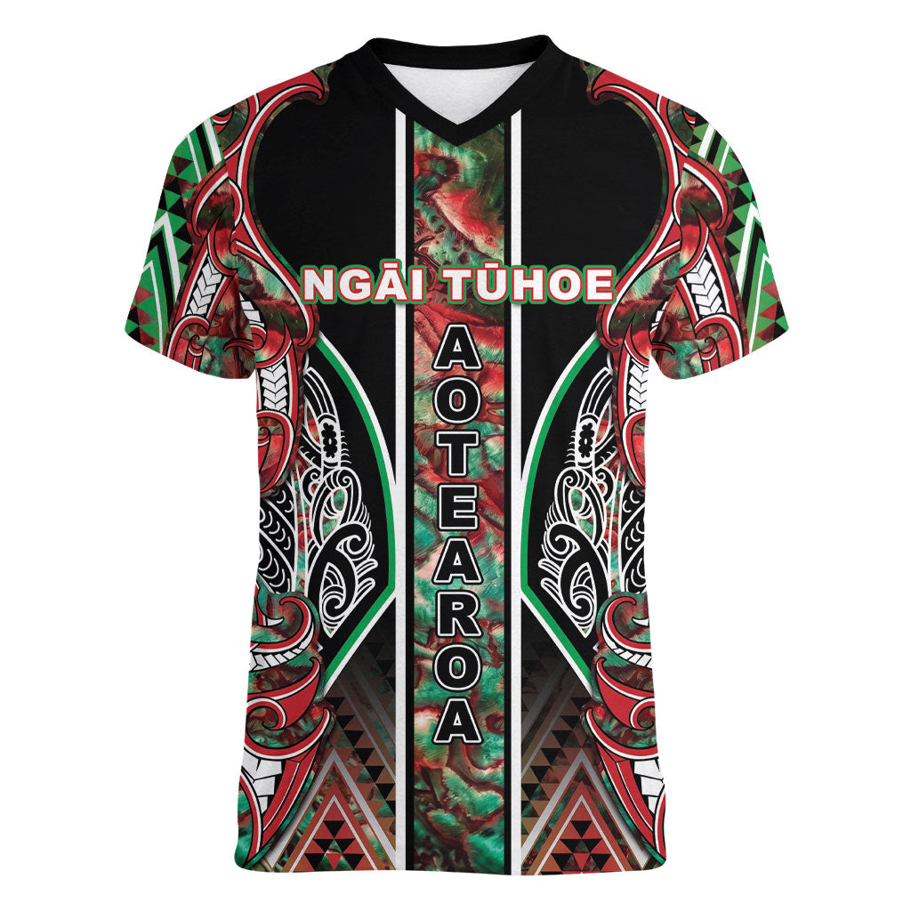 Aotearoa Ngai Tuhoe Women V-Neck T-Shirt Maori Tribal Red And Green Paua Shell Pattern