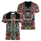 Aotearoa Ngai Tuhoe Women V-Neck T-Shirt Maori Tribal Red And Green Paua Shell Pattern