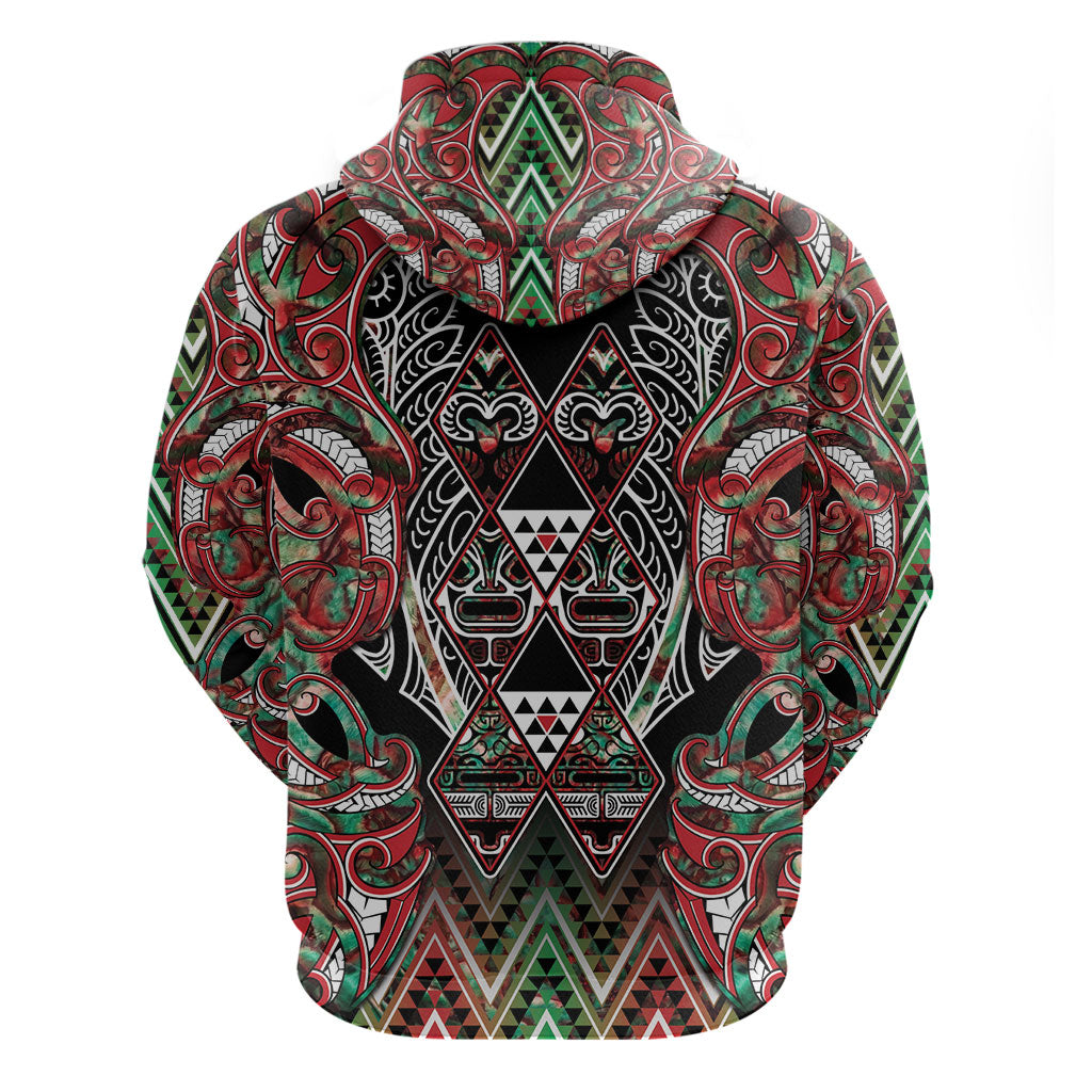 Aotearoa Ngai Tuhoe Zip Hoodie Maori Tribal Red And Green Paua Shell Pattern