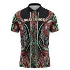 Aotearoa Ngai Tuhoe Zipper Polo Shirt Maori Tribal Red And Green Paua Shell Pattern