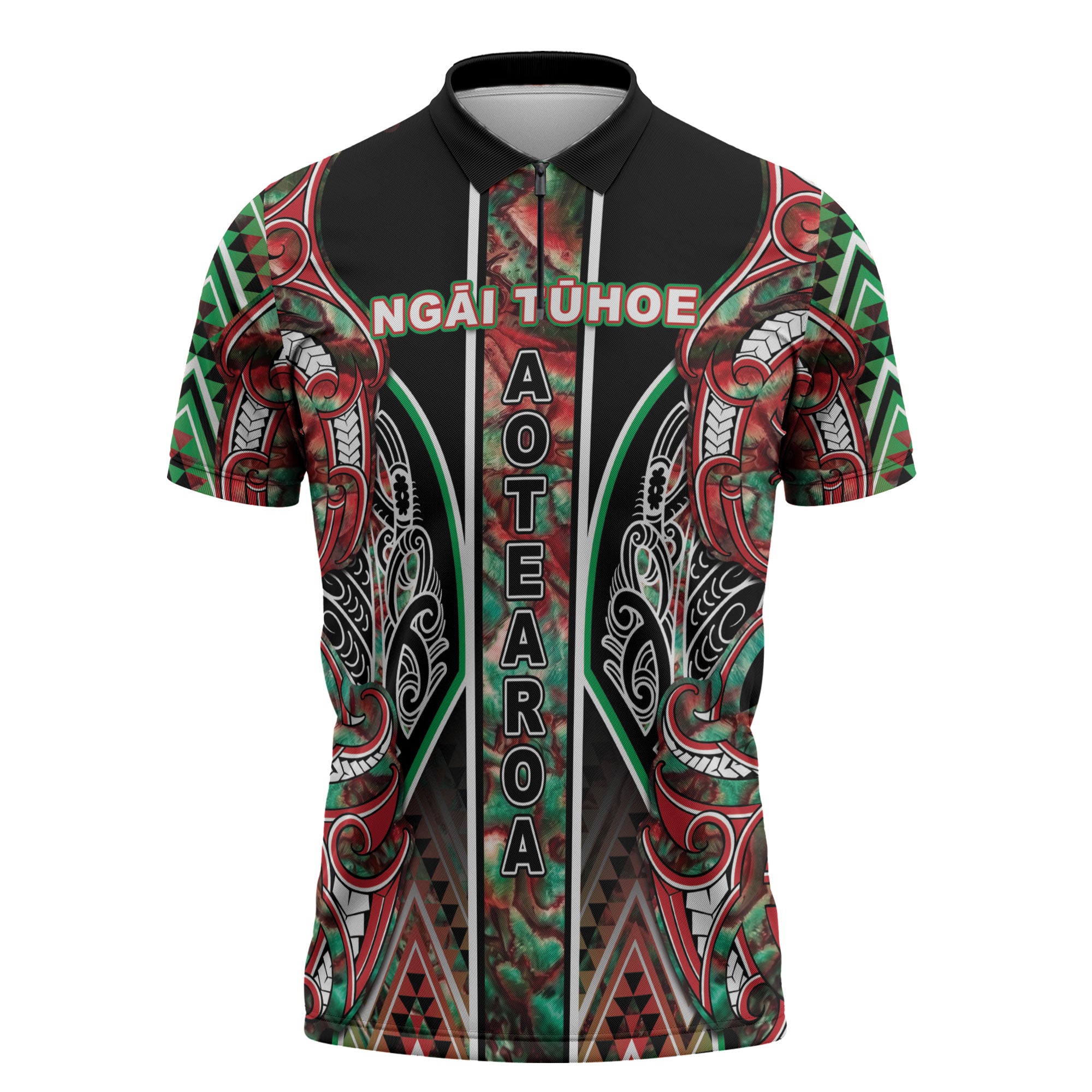Aotearoa Ngai Tuhoe Zipper Polo Shirt Maori Tribal Red And Green Paua Shell Pattern