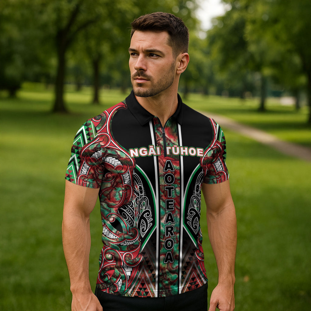 Aotearoa Ngai Tuhoe Zipper Polo Shirt Maori Tribal Red And Green Paua Shell Pattern