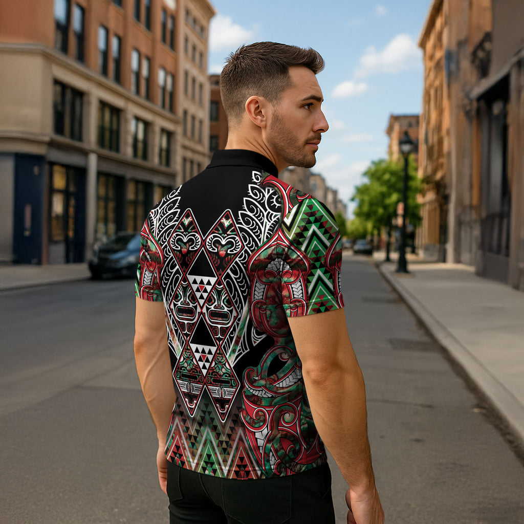 Aotearoa Ngai Tuhoe Zipper Polo Shirt Maori Tribal Red And Green Paua Shell Pattern