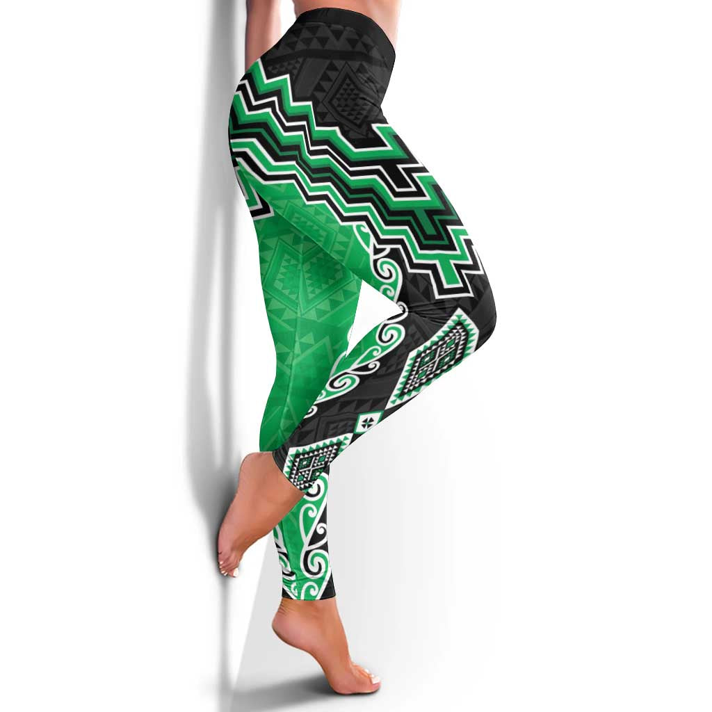 Green Niho Taniwha Mix Poutama Leggings Unique Taniko Aotearoa - Aussie Hoodie