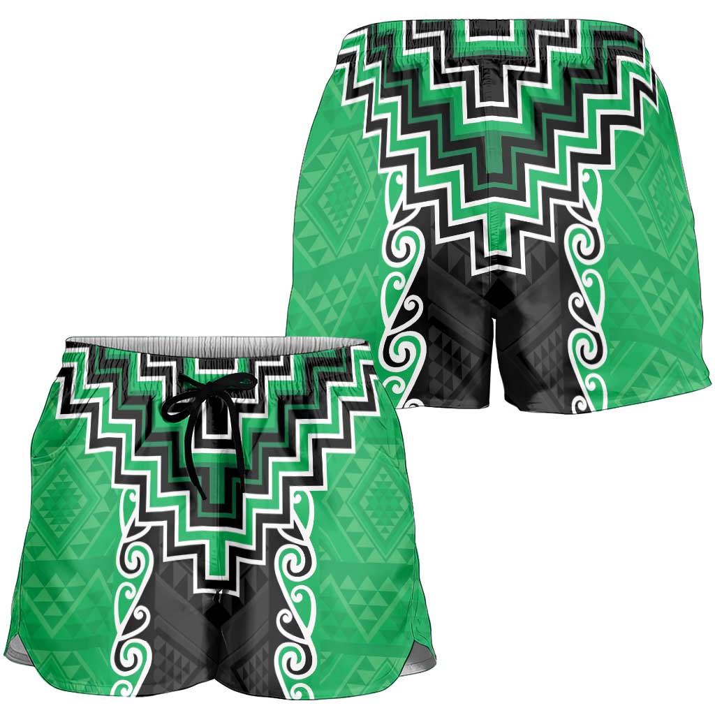 Green Niho Taniwha Mix Poutama Shorts for Women Unique Taniko Aotearoa - Aussie Hoodie