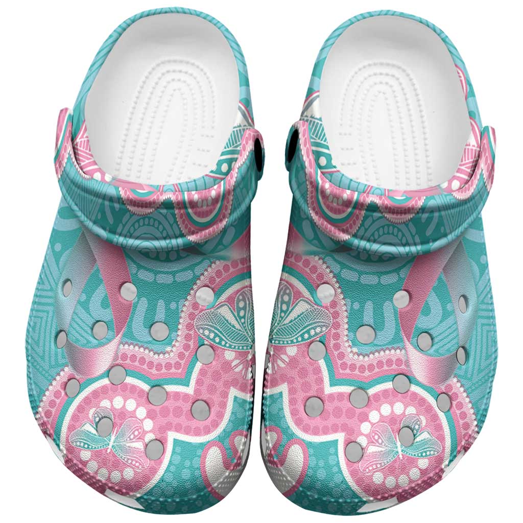 Hereditary And Gynecologic Cancer Awareness Clogs Shoes Teal Pink Ribbon Aboriginal Art - Aussie Hoodie