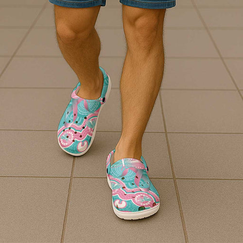 Hereditary And Gynecologic Cancer Awareness Clogs Shoes Teal Pink Ribbon Aboriginal Art - Aussie Hoodie