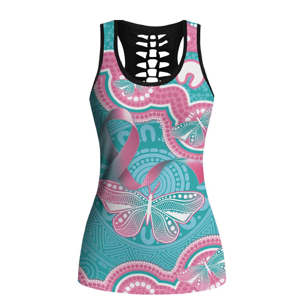 Hereditary And Gynecologic Cancer Awareness Hollow Tank Top Teal Pink Ribbon Aboriginal Art - Aussie Hoodie