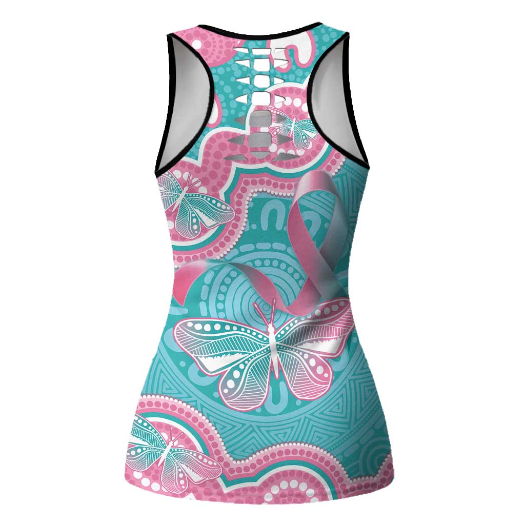 Hereditary And Gynecologic Cancer Awareness Hollow Tank Top Teal Pink Ribbon Aboriginal Art - Aussie Hoodie