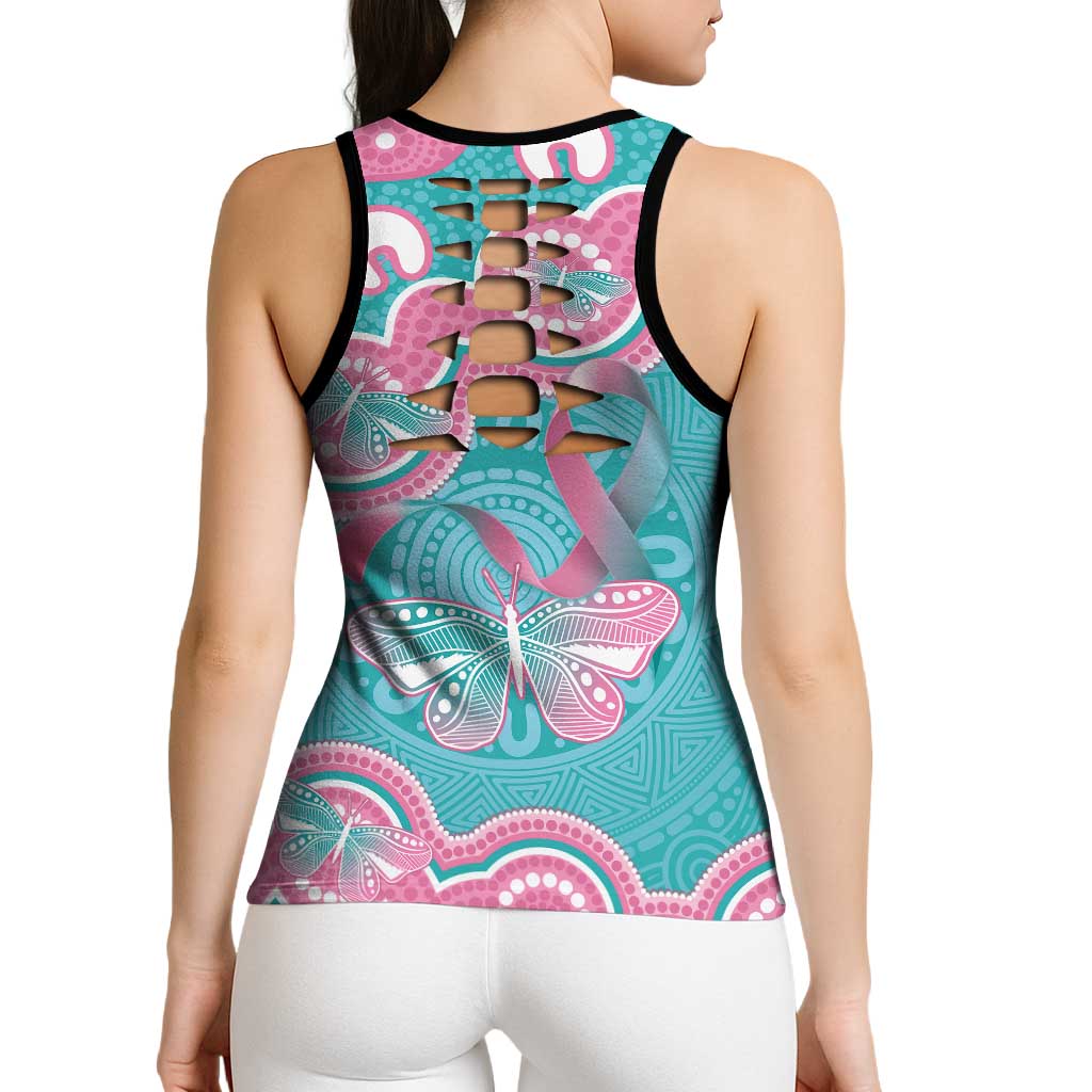Hereditary And Gynecologic Cancer Awareness Hollow Tank Top Teal Pink Ribbon Aboriginal Art - Aussie Hoodie