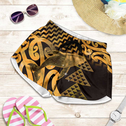 Humpback Whale Matariki New Zealand Shorts for Women NZ Maori Paikea Poutama Luxury Gold