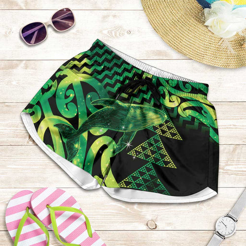Humpback Whale Matariki New Zealand Shorts for Women NZ Maori Paikea Poutama Luxury Green