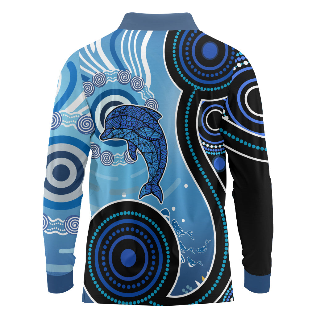 Aboriginal Long Sleeve Polo Shirt Dolphin And Aboriginal Dot Patterns