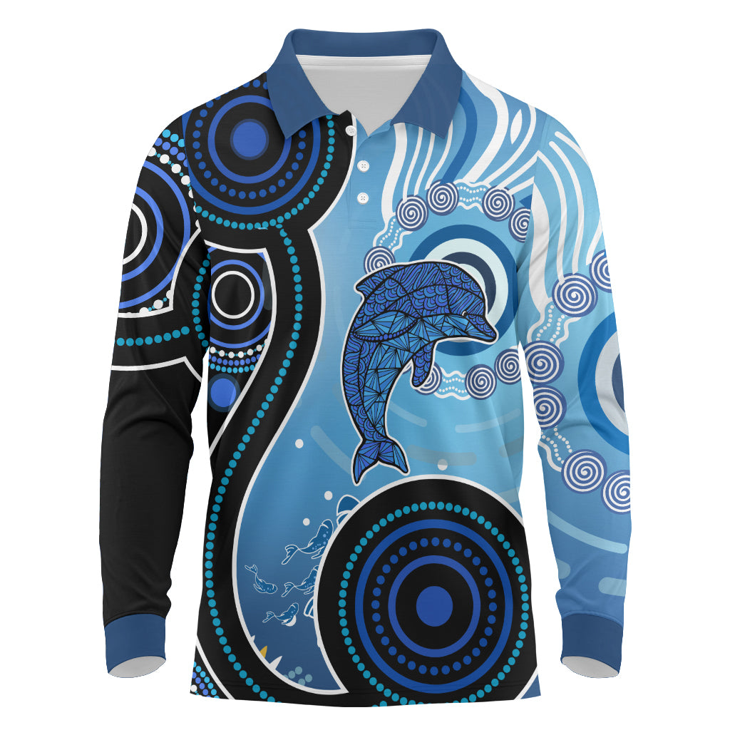 Aboriginal Long Sleeve Polo Shirt Dolphin And Aboriginal Dot Patterns