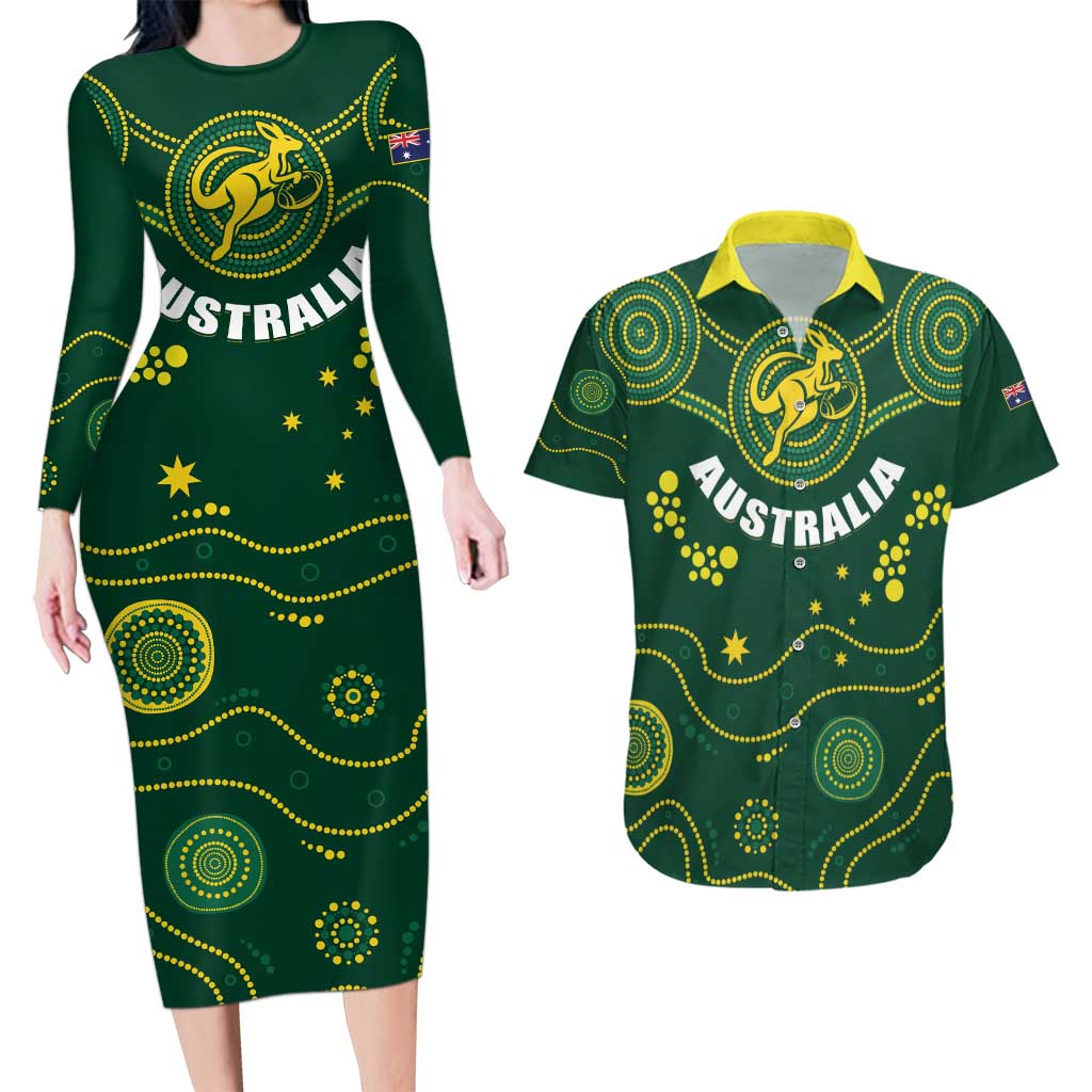 Australia 2024 Rugby Couples Matching Long Sleeve Bodycon Dress and Hawaiian Shirt Go Wallabies
