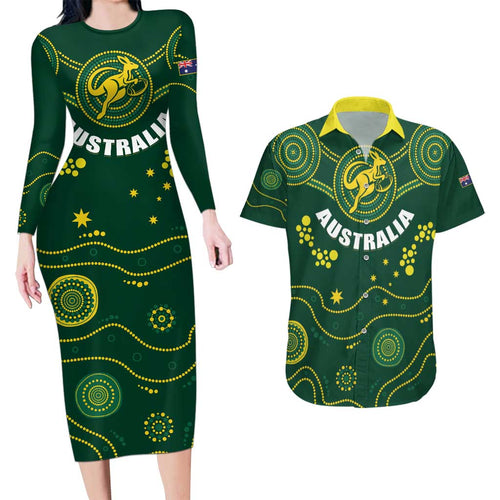 Australia 2024 Rugby Couples Matching Long Sleeve Bodycon Dress and Hawaiian Shirt Go Wallabies