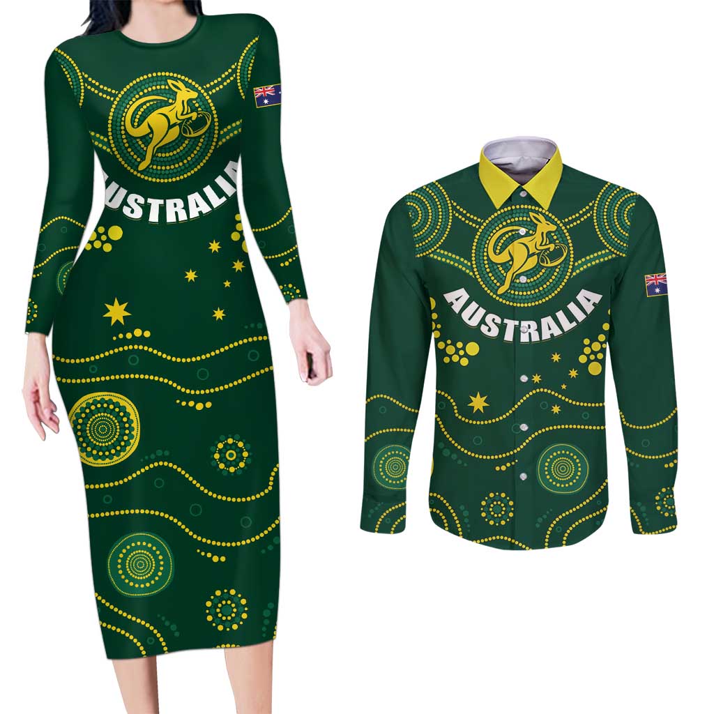 Australia 2024 Rugby Couples Matching Long Sleeve Bodycon Dress and Long Sleeve Button Shirt Go Wallabies
