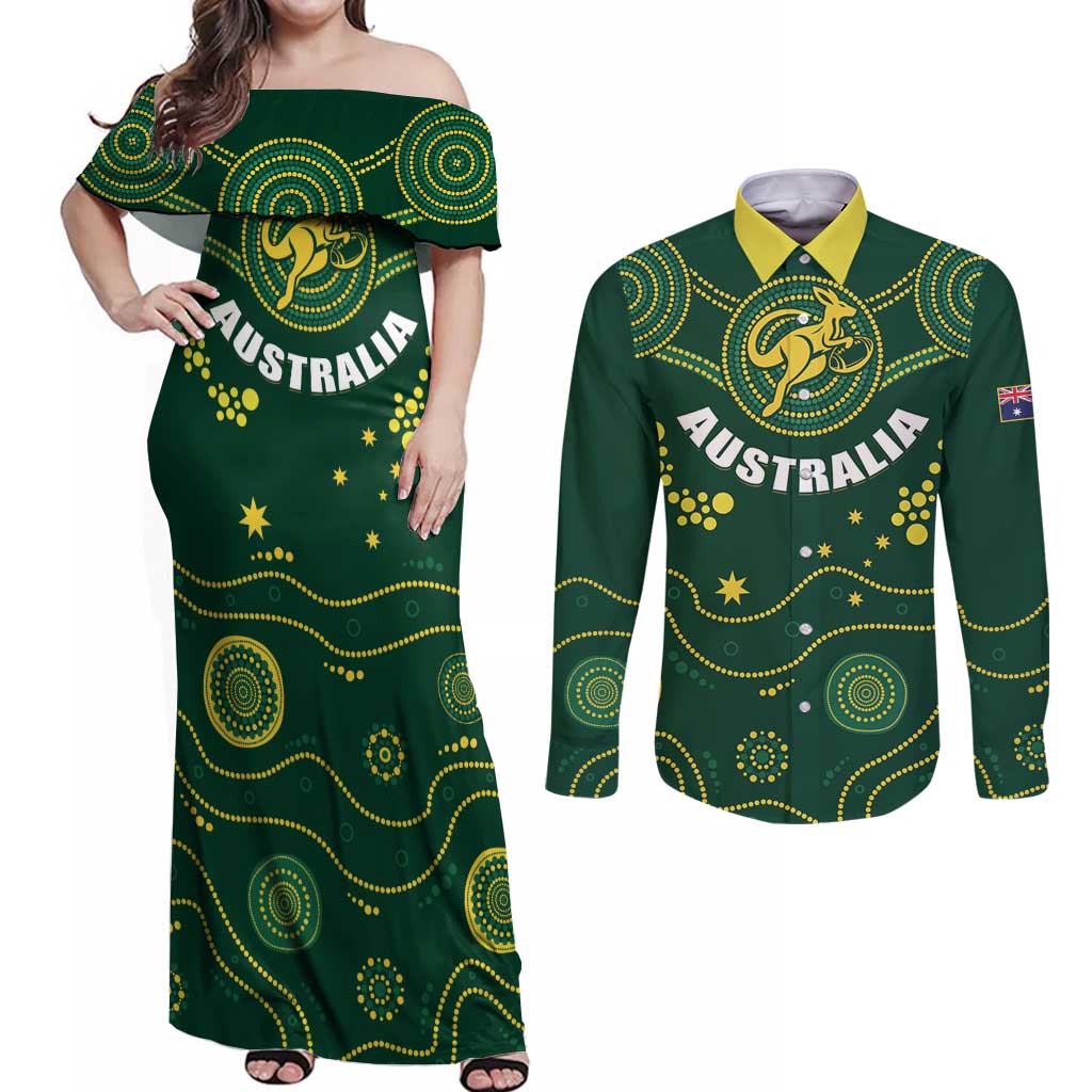Australia 2024 Rugby Couples Matching Off Shoulder Maxi Dress and Long Sleeve Button Shirt Go Wallabies