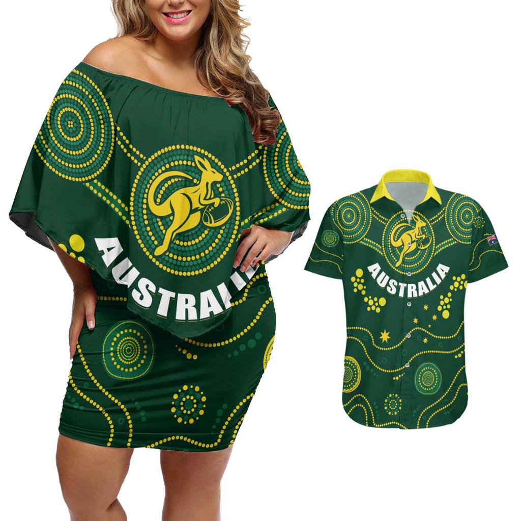 Australia 2024 Rugby Couples Matching Off Shoulder Short Dress and Hawaiian Shirt Go Wallabies