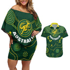 Australia 2024 Rugby Couples Matching Off Shoulder Short Dress and Hawaiian Shirt Go Wallabies