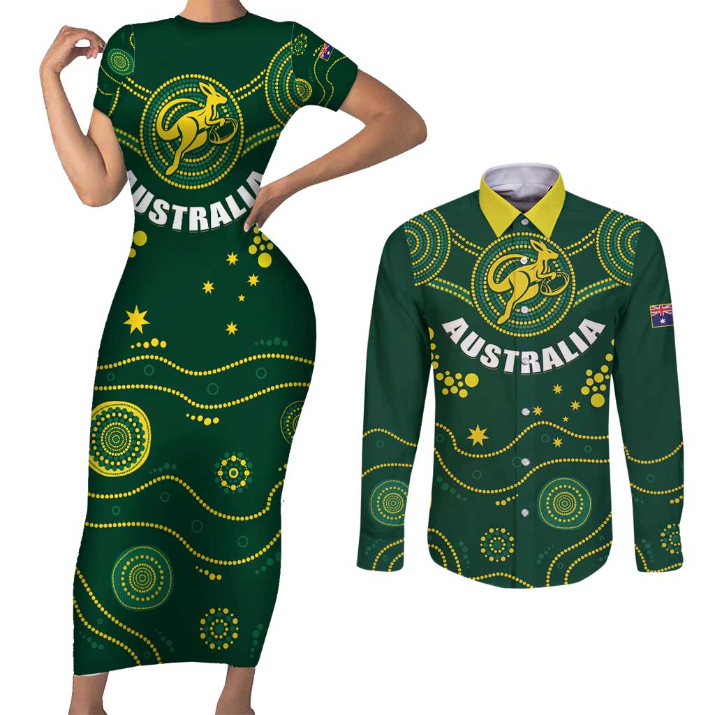 Australia 2024 Rugby Couples Matching Short Sleeve Bodycon Dress and Long Sleeve Button Shirt Go Wallabies