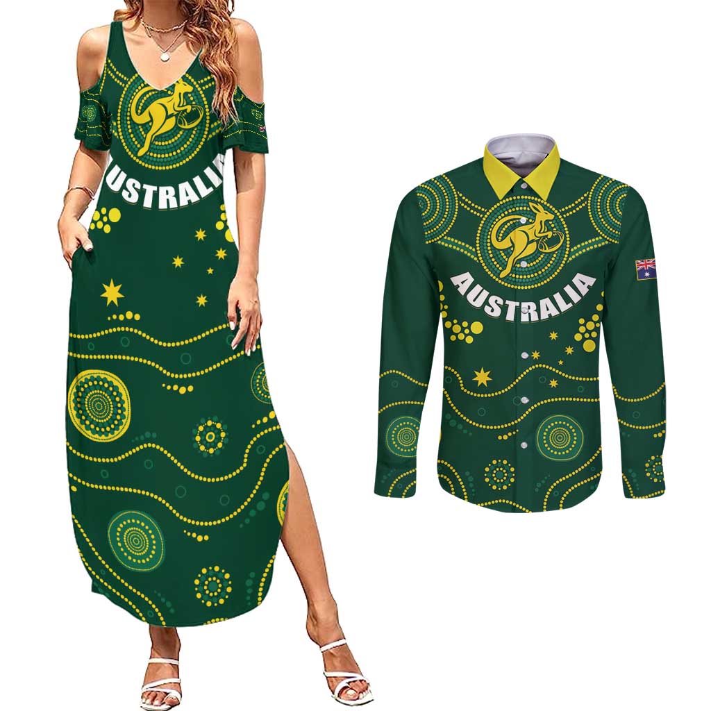 Australia 2024 Rugby Couples Matching Summer Maxi Dress and Long Sleeve Button Shirt Go Wallabies