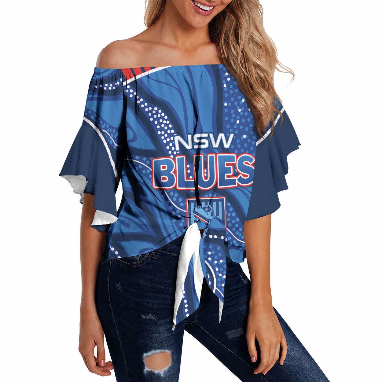 NSW Blues Rugby Personalised Off Shoulder Wrap Waist Top Cockroaches 2026 Come On