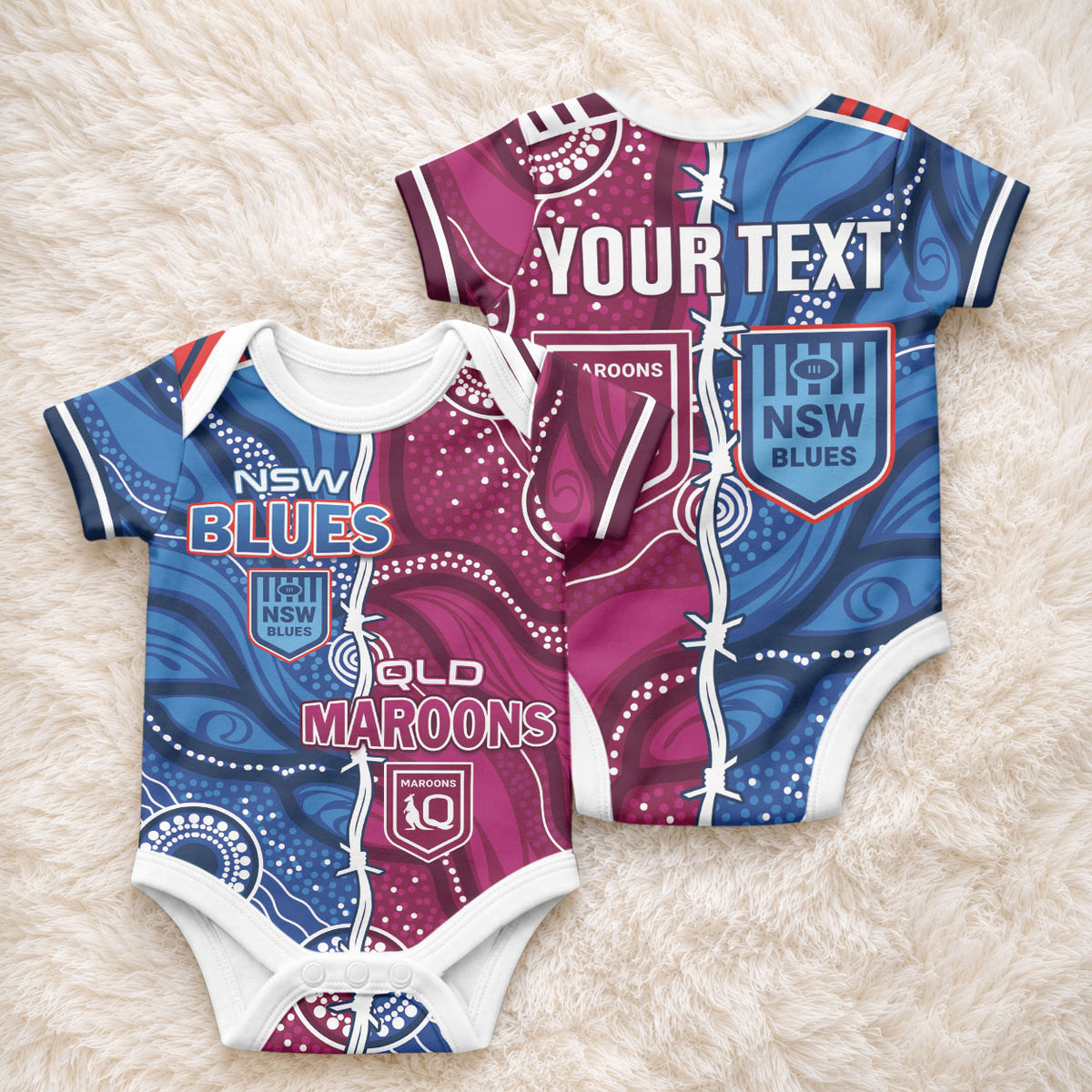 NSW Blues and QLD Maroons Rugby Personalised Baby Onesie 2026 Come On Together