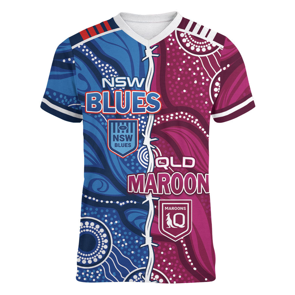 NSW Blues and QLD Maroons Rugby Personalised Women V-Neck T-Shirt 2026 Come On Together