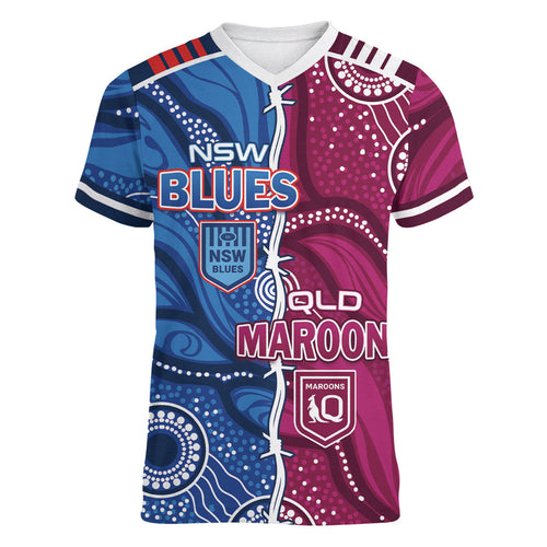 NSW Blues and QLD Maroons Rugby Personalised Women V-Neck T-Shirt 2026 Come On Together