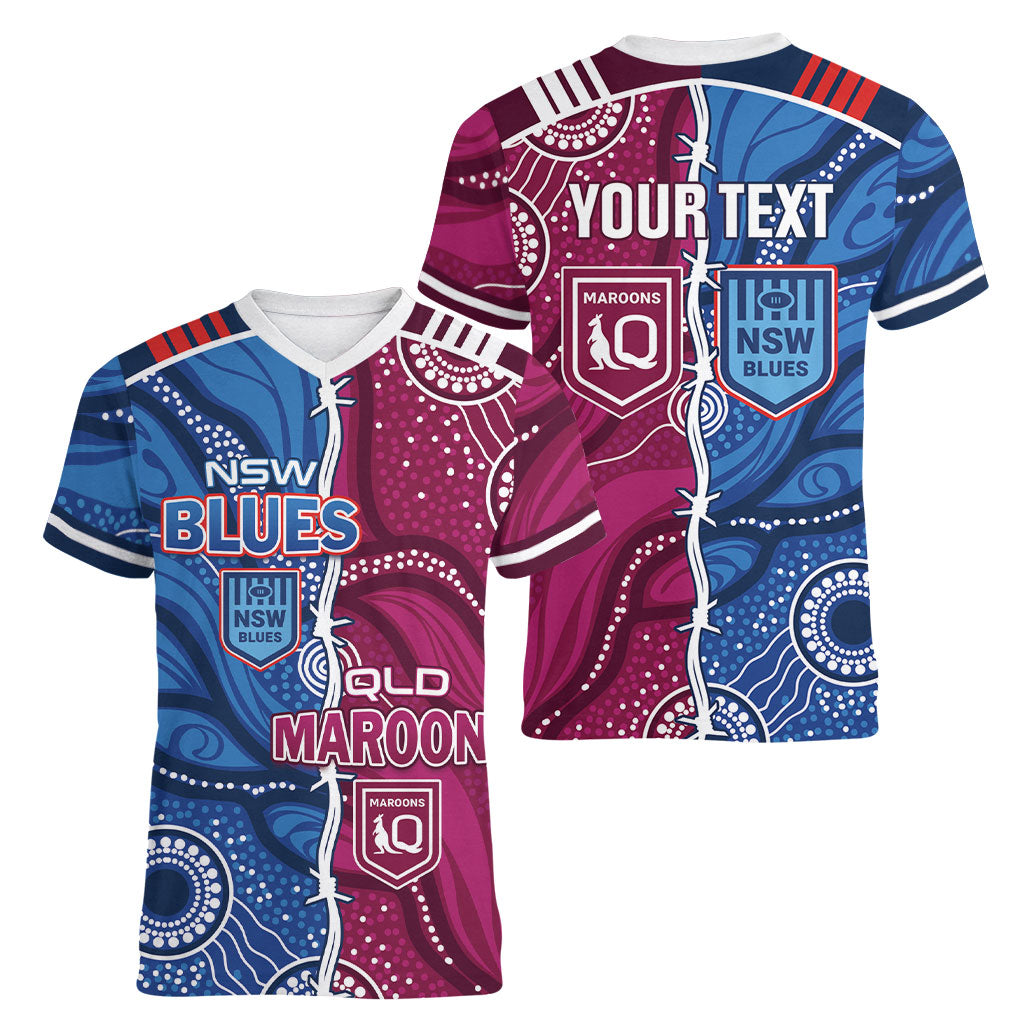 NSW Blues and QLD Maroons Rugby Personalised Women V-Neck T-Shirt 2026 Come On Together