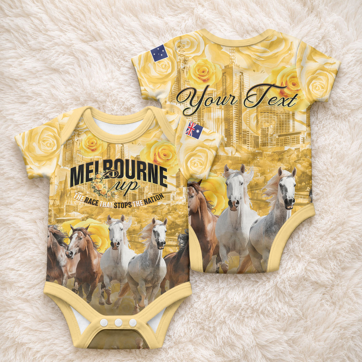 Personalised Melbourne 2026 Cup Baby Onesie Yellow Rose Horse Racing