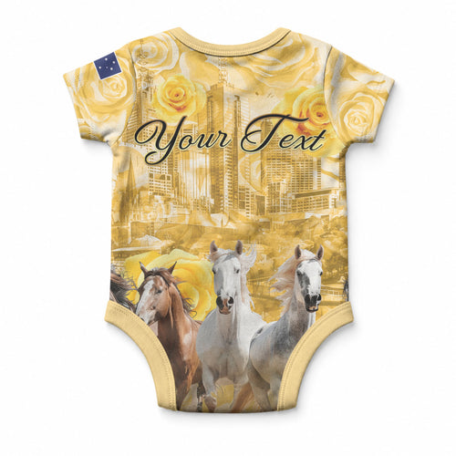 Personalised Melbourne 2026 Cup Baby Onesie Yellow Rose Horse Racing
