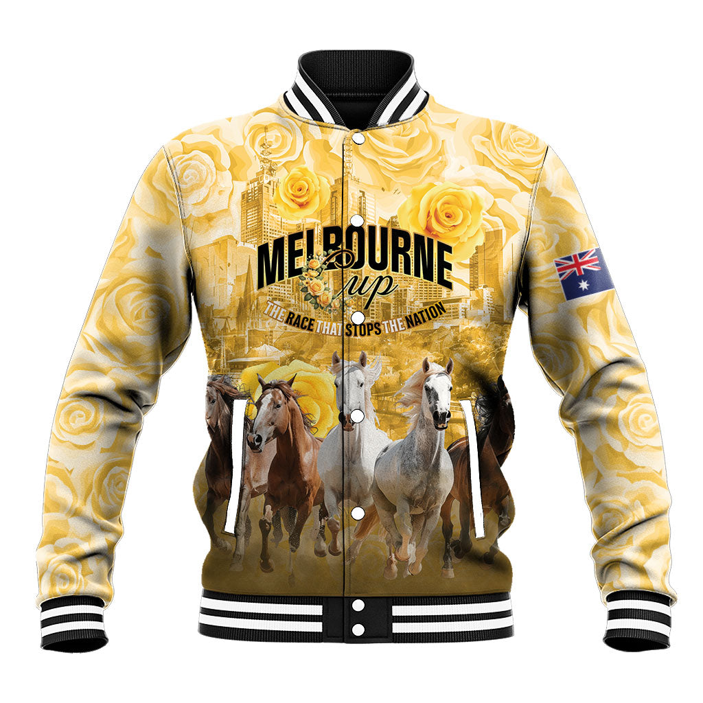 Personalised Melbourne 2026 Cup Baseball Jacket Yellow Rose Horse Racing