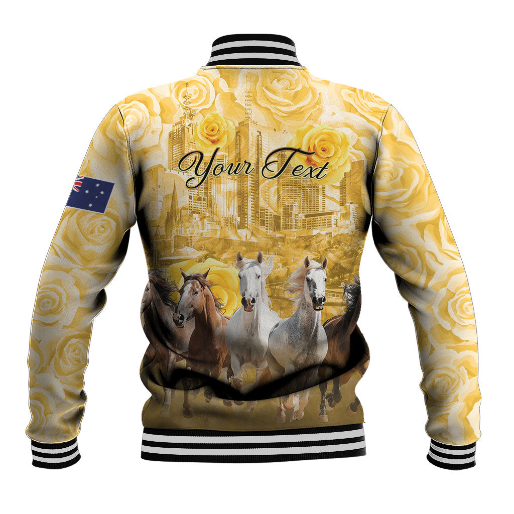 Personalised Melbourne 2026 Cup Baseball Jacket Yellow Rose Horse Racing