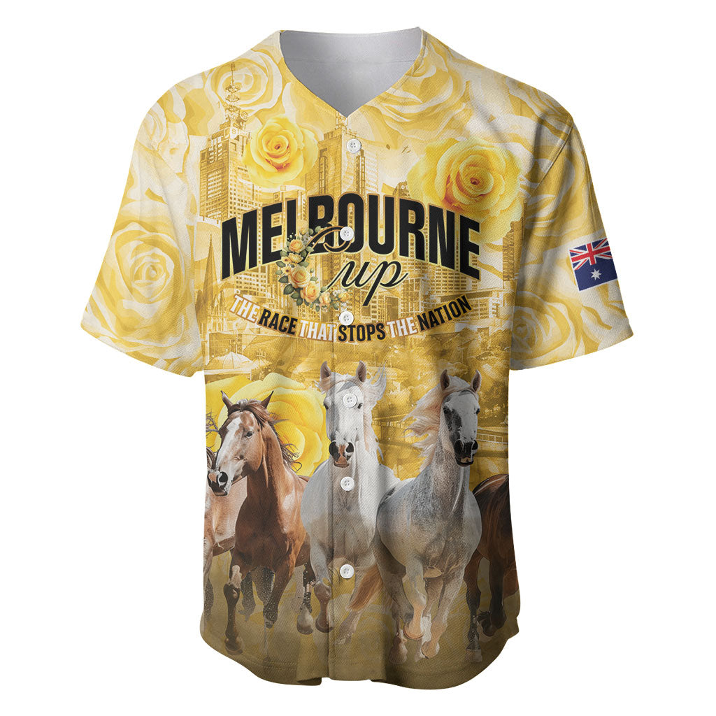 Personalised Melbourne 2026 Cup Baseball Jersey Yellow Rose Horse Racing