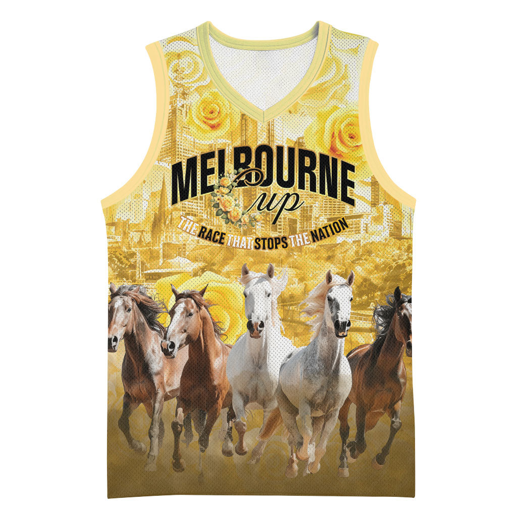 Personalised Melbourne 2026 Cup Basketball Jersey Yellow Rose Horse Racing