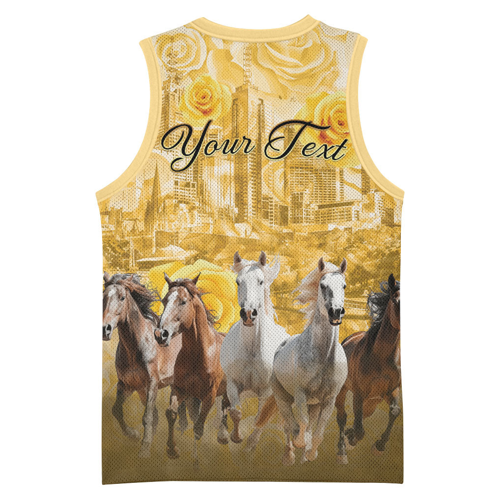 Personalised Melbourne 2026 Cup Basketball Jersey Yellow Rose Horse Racing