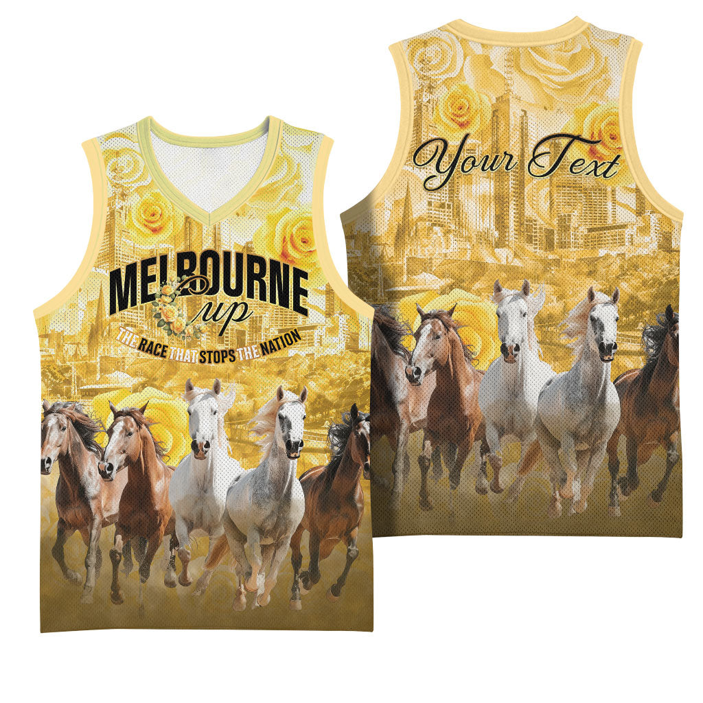 Personalised Melbourne 2026 Cup Basketball Jersey Yellow Rose Horse Racing